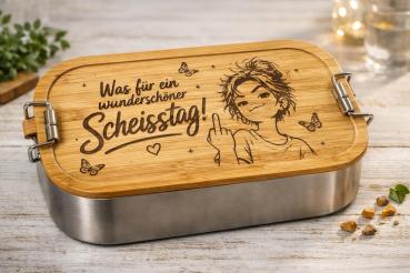 Alu-Brotdose mit graviertem Bambusdeckel "Wunderschöner Scheißtag"